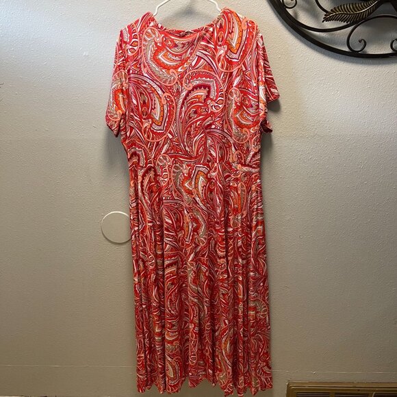 Ashley Stewart Paisley Print Dress 22/24 Vibrant Red & Orange short sleeves - Picture 4 of 9